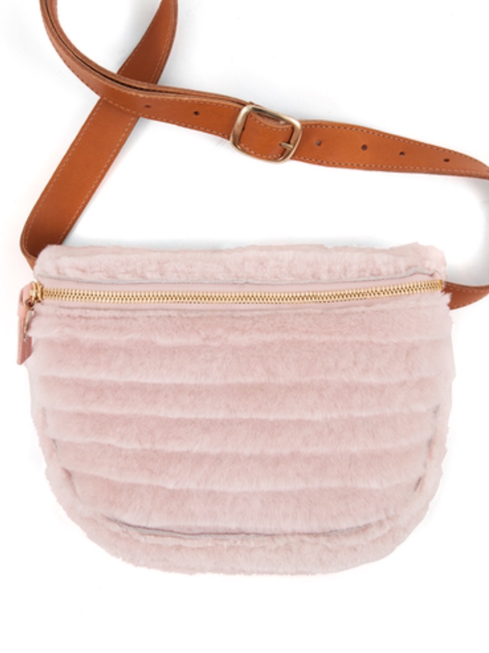 Clare V fanny waist pack pink shearling fur gold + tan leather accents bag